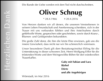 Traueranzeige von Oliver Schnug von  Allgemeine Zeitung Alzey