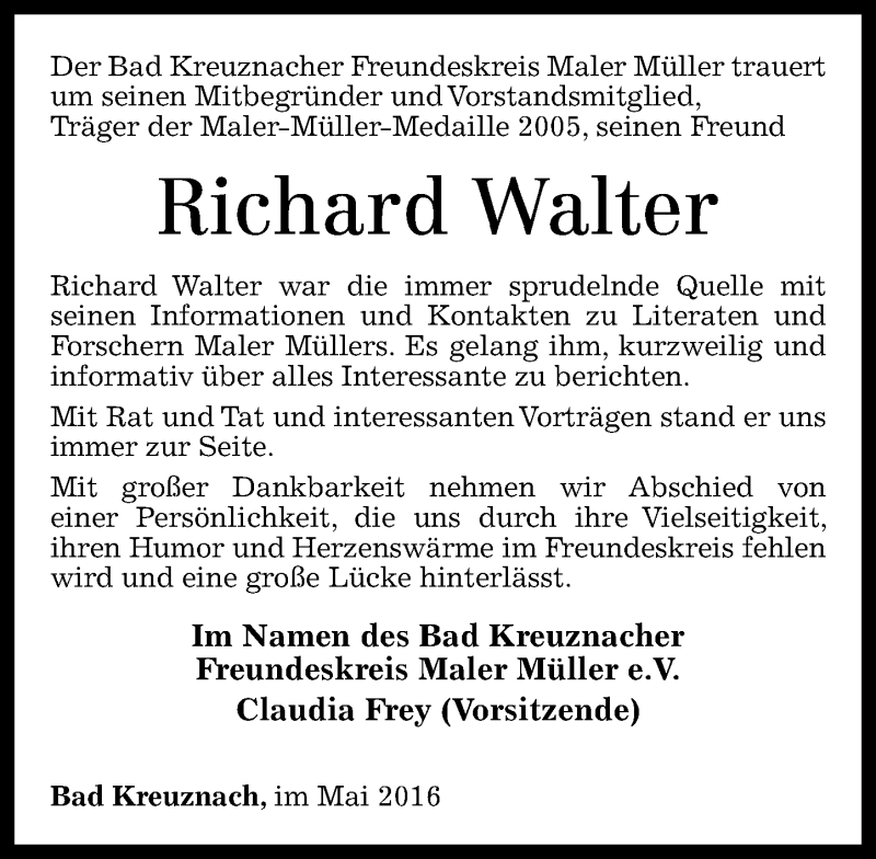  Traueranzeige für Richard Walter vom 25.05.2016 aus  Allg. Zeitung Bad Kreuznach