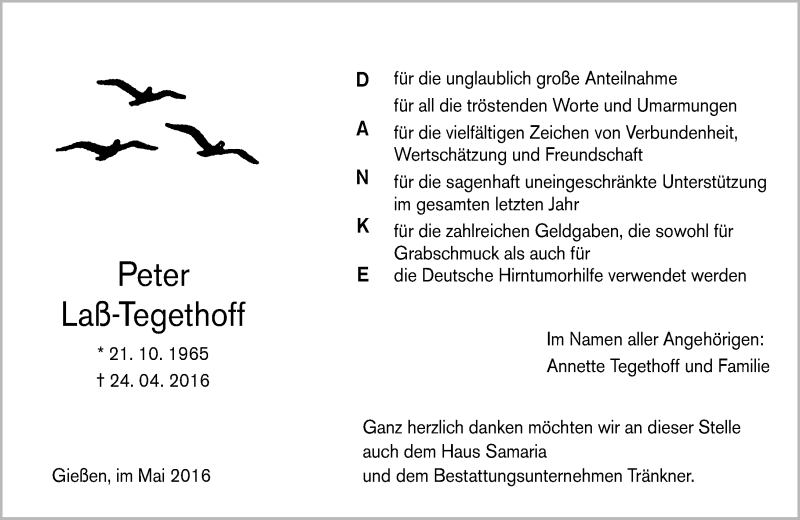  Traueranzeige für Peter Laß-Tegethoff vom 21.05.2016 aus  Gießener Anzeiger