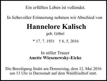 Traueranzeige von Hannelore Kalisch von Trauerportal Echo Online