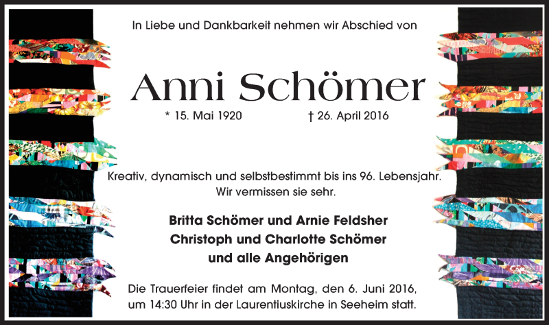  Traueranzeige für Anni Schömer vom 07.05.2016 aus Trauerportal Echo Online