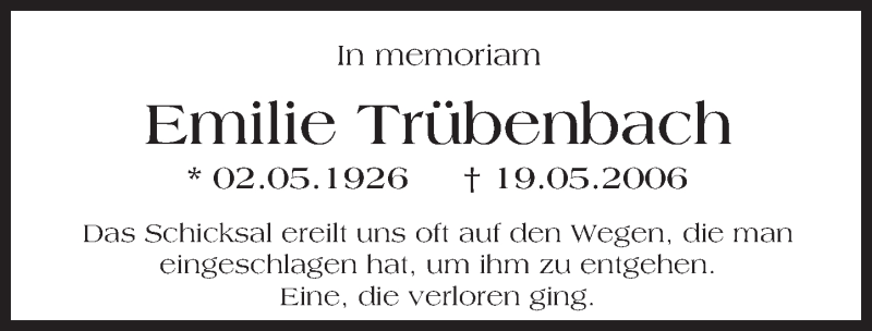  Traueranzeige für Emilie Trübenbach vom 20.05.2016 aus Trauerportal Echo Online