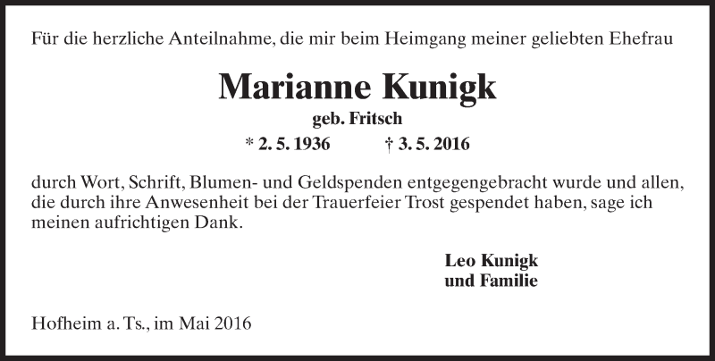  Traueranzeige für Marianne Kunigk vom 20.05.2016 aus  Hofheimer Zeitung