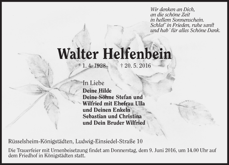  Traueranzeige für Walter Helfenbein vom 28.05.2016 aus Trauerportal Echo Online