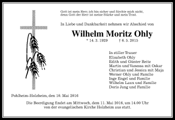 Traueranzeige von Wilhelm Moritz Ohly von  Gießener Anzeiger