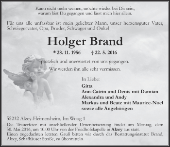 Traueranzeige von Holger Brand von  Allgemeine Zeitung Alzey