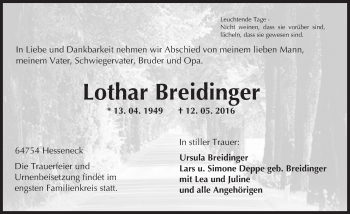 Traueranzeige von Lothar Breidinger von Trauerportal Echo Online