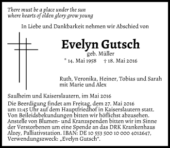 Traueranzeige von Evelyn Gutsch von  Allgemeine Zeitung Alzey