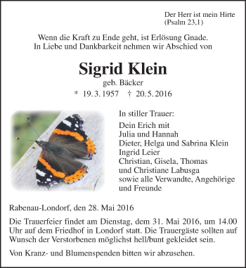 Traueranzeige von Sigrid Klein von  Gießener Anzeiger