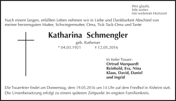 Traueranzeige von Katharina Schmengler von  Wormser Zeitung