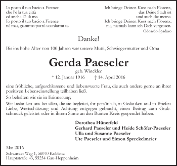 Traueranzeige von Gerda Paeseler von  Allgemeine Zeitung Alzey