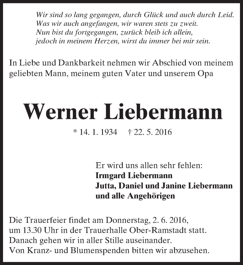  Traueranzeige für Werner Liebermann vom 28.05.2016 aus Trauerportal Echo Online