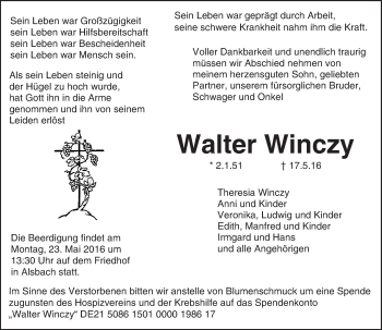 Traueranzeige von Walter Winczy von Trauerportal Echo Online