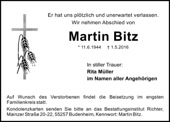 Traueranzeige von Martin Bitz von  Allgemeine Zeitung Mainz