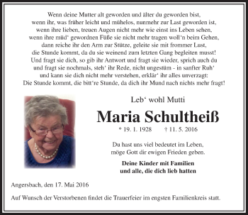 Traueranzeige von Maria Schultheiß von VRM Trauer