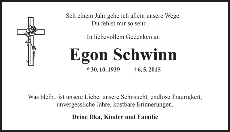  Traueranzeige für Egon Schwinn vom 06.05.2016 aus  Allgemeine Zeitung Mainz