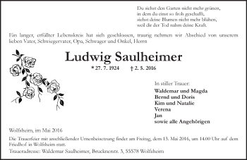 Traueranzeige von Ludwig Saulheimer von  Allgemeine  Zeitung Ingelheim-Bingen