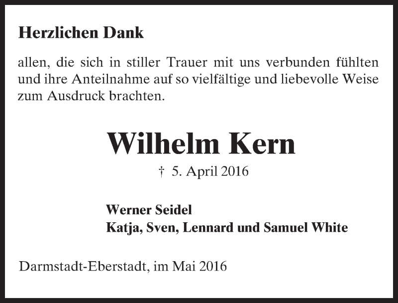  Traueranzeige für Wilhelm Kern vom 21.05.2016 aus Trauerportal Echo Online