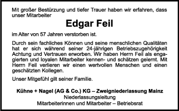 Traueranzeige von Edgar Feil von  Allgemeine Zeitung Mainz