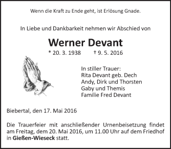 Traueranzeige von Werner Devant von  Gießener Anzeiger