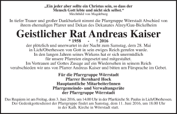 Traueranzeige von Andreas Kaiser von  Allgemeine Zeitung Alzey