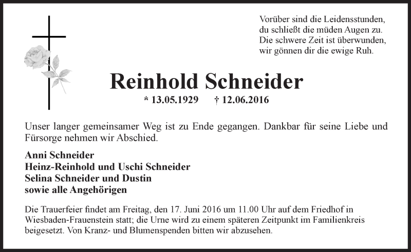  Traueranzeige für Reinhold Schneider vom 15.06.2016 aus Trauerportal Rhein Main Presse