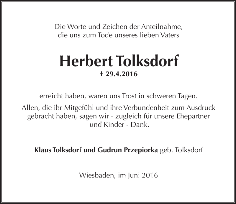  Traueranzeige für Herbert Tolksdorf vom 11.06.2016 aus  Wiesbaden komplett
