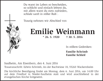 Traueranzeige von Emilie Weinmann von  Allgemeine Zeitung Alzey
