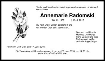 Traueranzeige von Annemarie Radomski von  Gießener Anzeiger