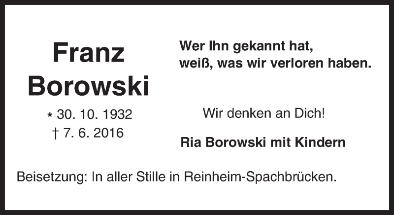  Traueranzeige für Franz Borowski vom 29.06.2016 aus Trauerportal Echo Online