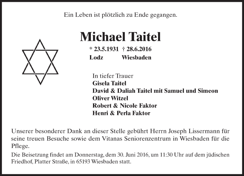 Traueranzeige für Michael Taitel vom 30.06.2016 aus Trauerportal Rhein Main Presse