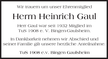 Traueranzeige von Heinrich Gaul von  Allgemeine  Zeitung Ingelheim-Bingen