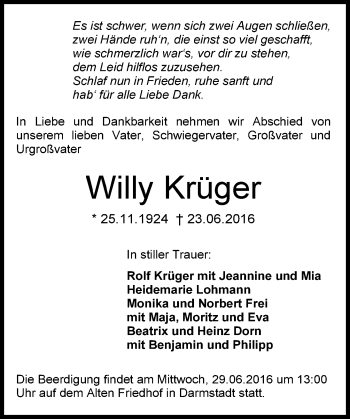 Traueranzeige von Willy Krüger von Trauerportal Echo Online