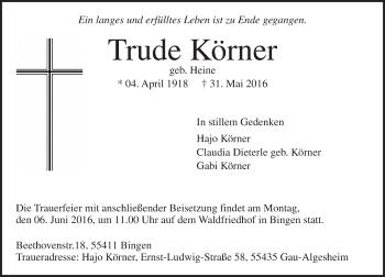 Traueranzeige von Trude Körner von  Allgemeine  Zeitung Ingelheim-Bingen