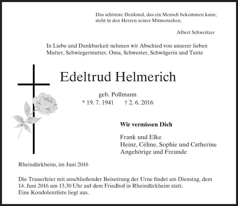  Traueranzeige für Edeltrud Helmerich vom 11.06.2016 aus  Wormser Zeitung