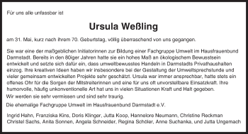 Traueranzeige von Ursula Weßling von Trauerportal Echo Online