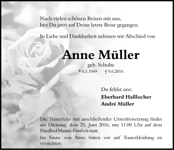 Traueranzeige von Anne Müller von  Allgemeine Zeitung Mainz