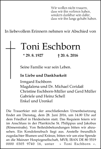 Traueranzeige von Toni Eschborn von Trauerportal Rhein Main Presse