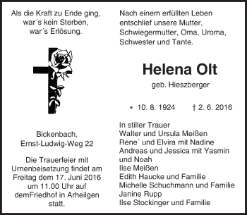 Traueranzeige von Helena Olt von Trauerportal Echo Online