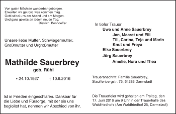Traueranzeige von Mathilde Sauerbrey von Trauerportal Echo Online