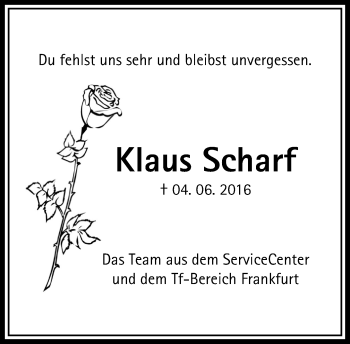 Traueranzeige von Klaus Scharf von  Usinger Anzeiger