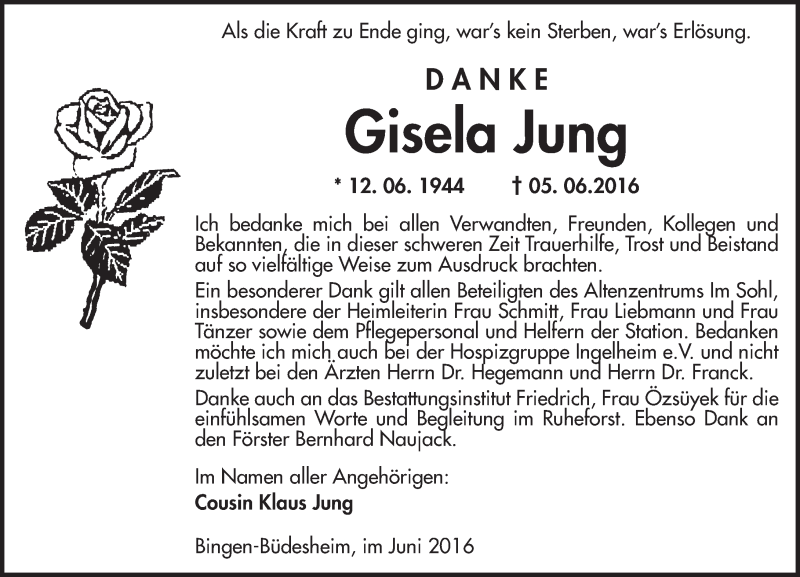  Traueranzeige für Gisela Jung vom 22.06.2016 aus Trauerportal Rhein Main Presse