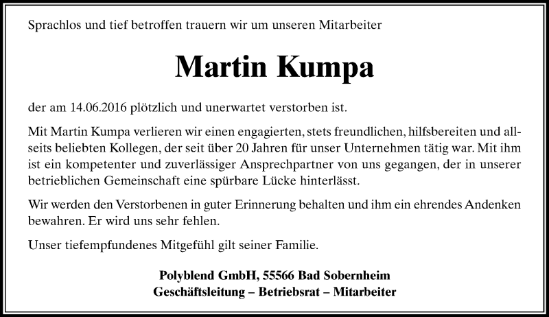  Traueranzeige für Martin Kumpa vom 23.06.2016 aus Trauerportal Rhein Main Presse