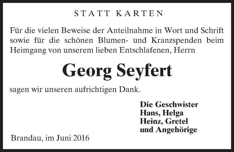 Traueranzeige für Georg Seyfert vom 04.06.2016 aus Trauerportal Echo Online