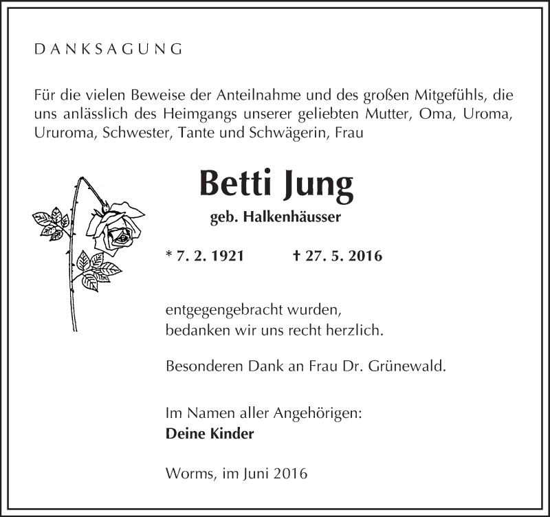  Traueranzeige für Betti Jung vom 11.06.2016 aus  Wormser Zeitung