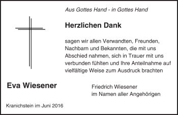 Traueranzeige von Eva Wiesener von Trauerportal Echo Online