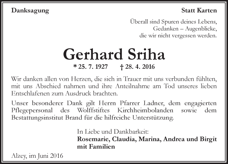  Traueranzeige für Gerhard Sriha vom 18.06.2016 aus Trauerportal Rhein Main Presse
