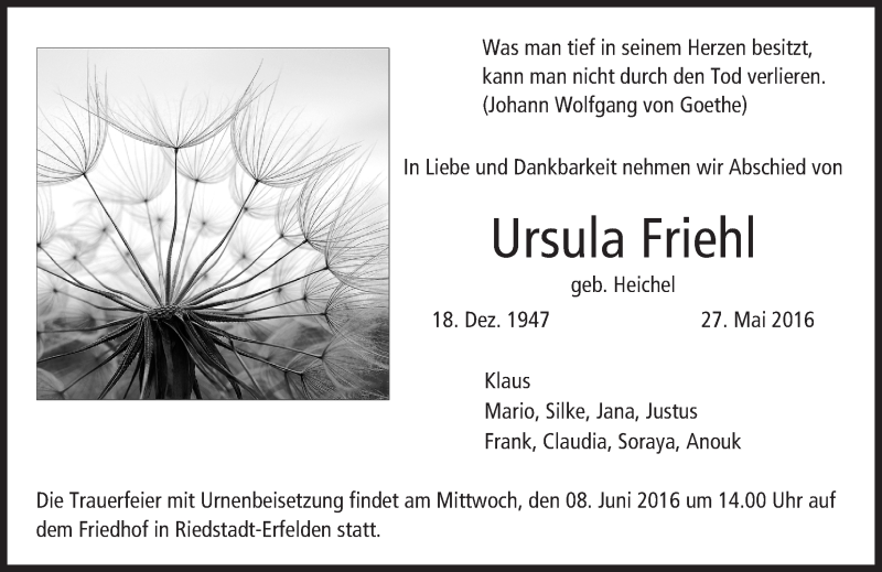  Traueranzeige für Ursula Friehl vom 04.06.2016 aus Trauerportal Echo Online