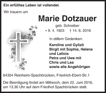 Traueranzeige von Marie Dotzauer von Trauerportal Echo Online