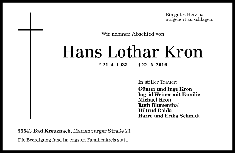  Traueranzeige für Hans Lothar Kron vom 04.06.2016 aus  Allg. Zeitung Bad Kreuznach